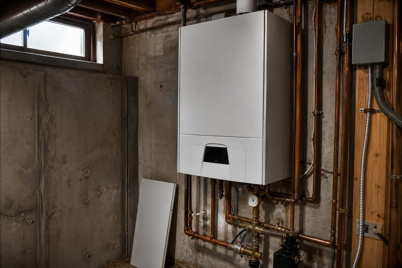 Residential boiler mounted on a basement wall with copper piping and an open service panel