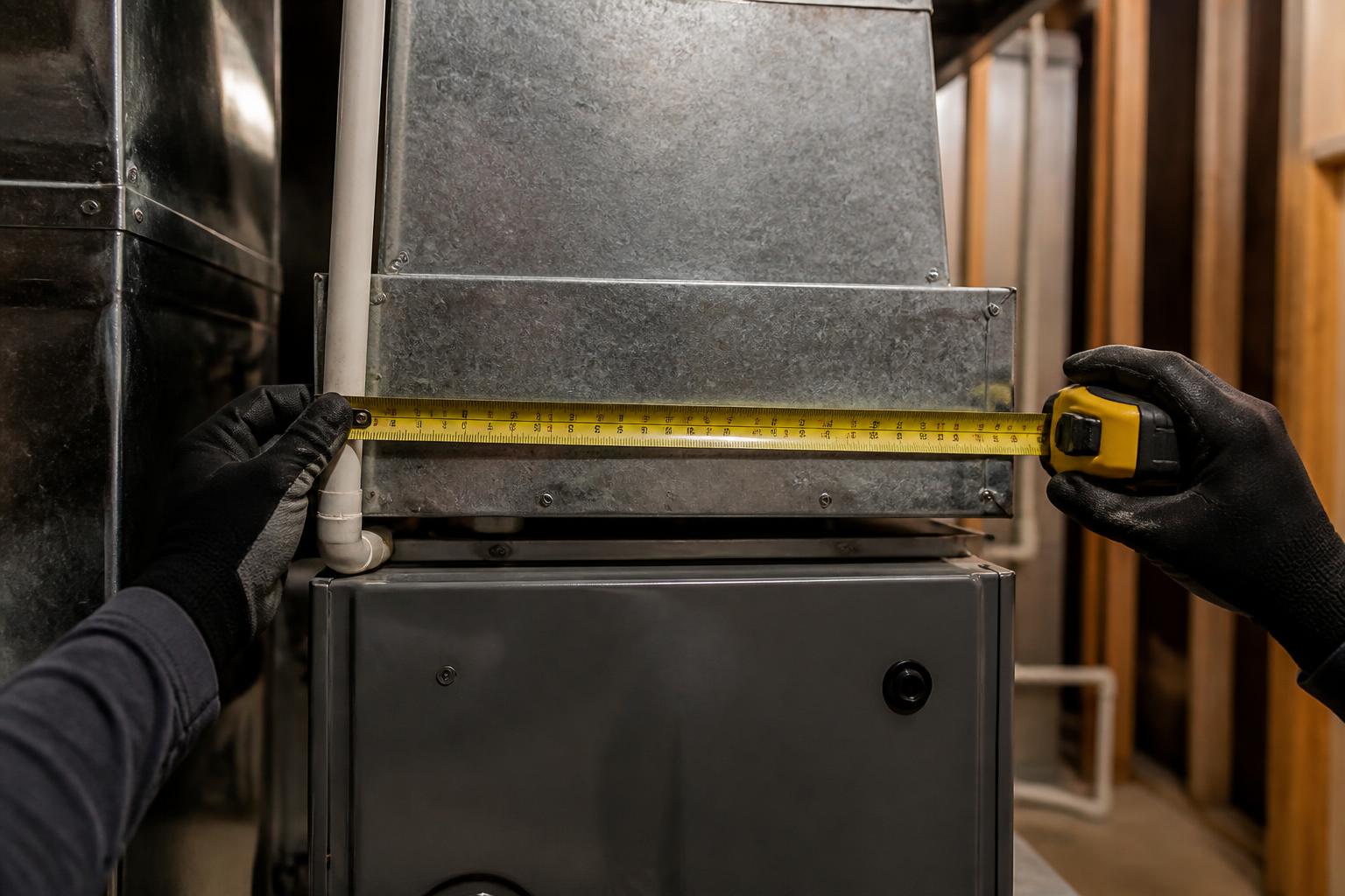 Gloved HVAC technician measuring the supply plenum above a residential furnace before replacement