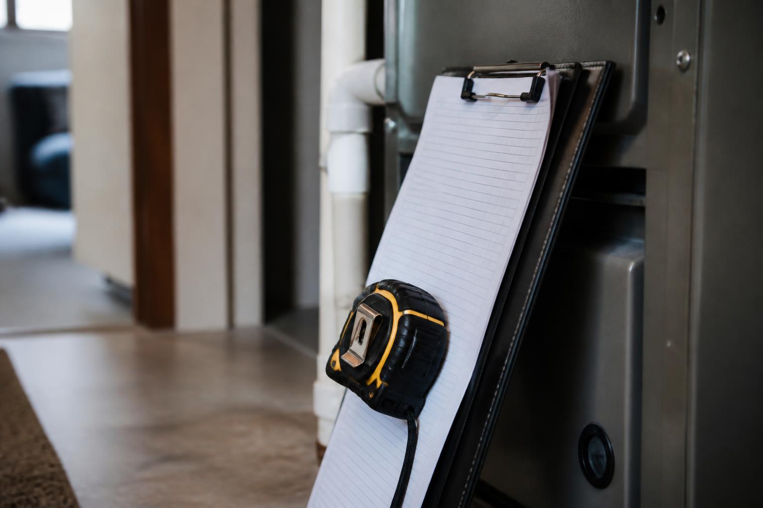 Technician's clipboard and tape measure resting against a furnace cabinet during an in-home assessment