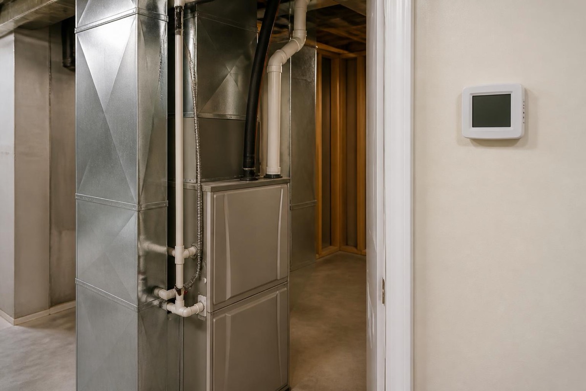 A home furnace cabinet with ductwork in a basement mechanical area next to a wall mounted thermostat with a blank dark display.