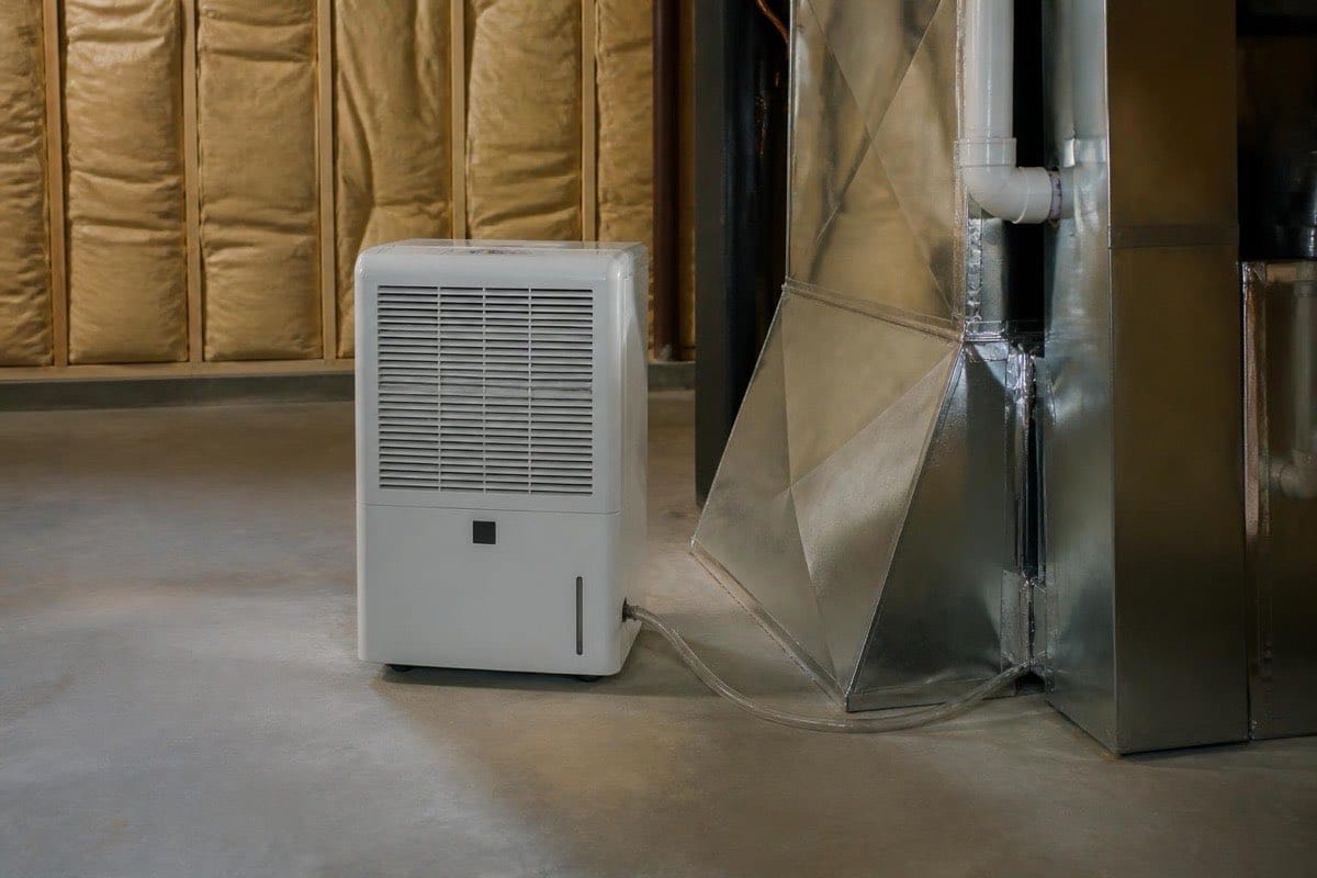 Portable dehumidifier on the floor of an unfinished basement near ductwork