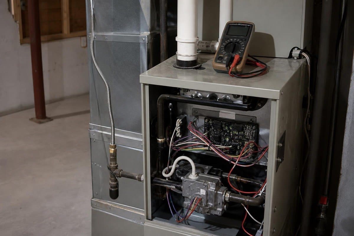 Technician's gloved hands testing wiring inside an open furnace control panel in a Toronto basement