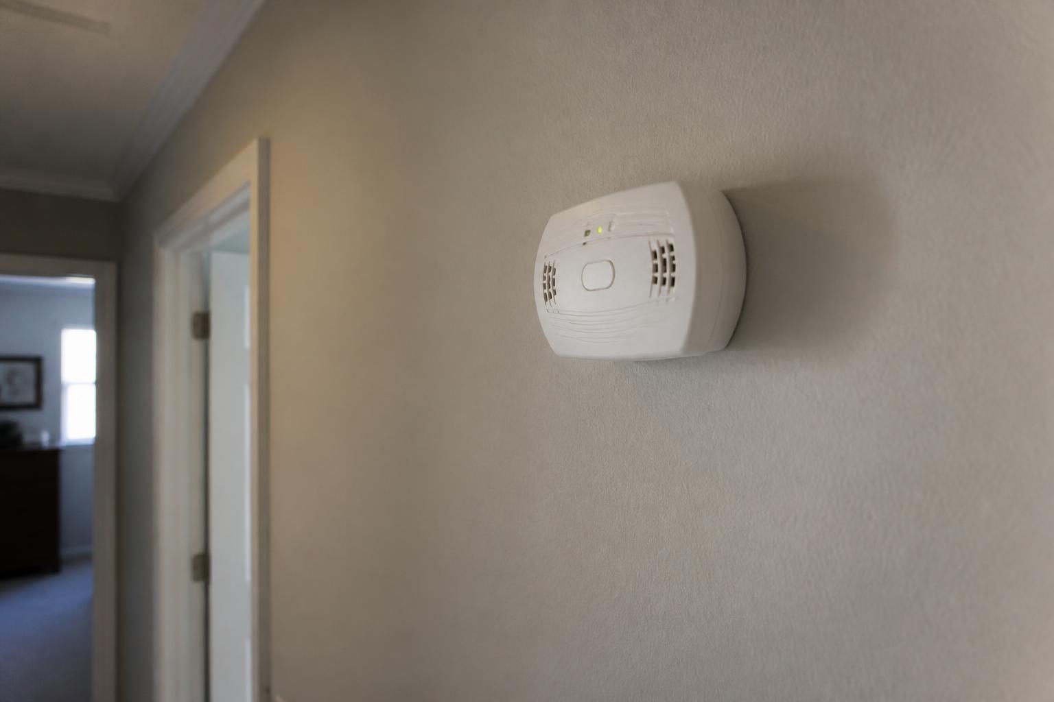 Wall-mounted carbon monoxide detector installed near a bedroom hallway ceiling
