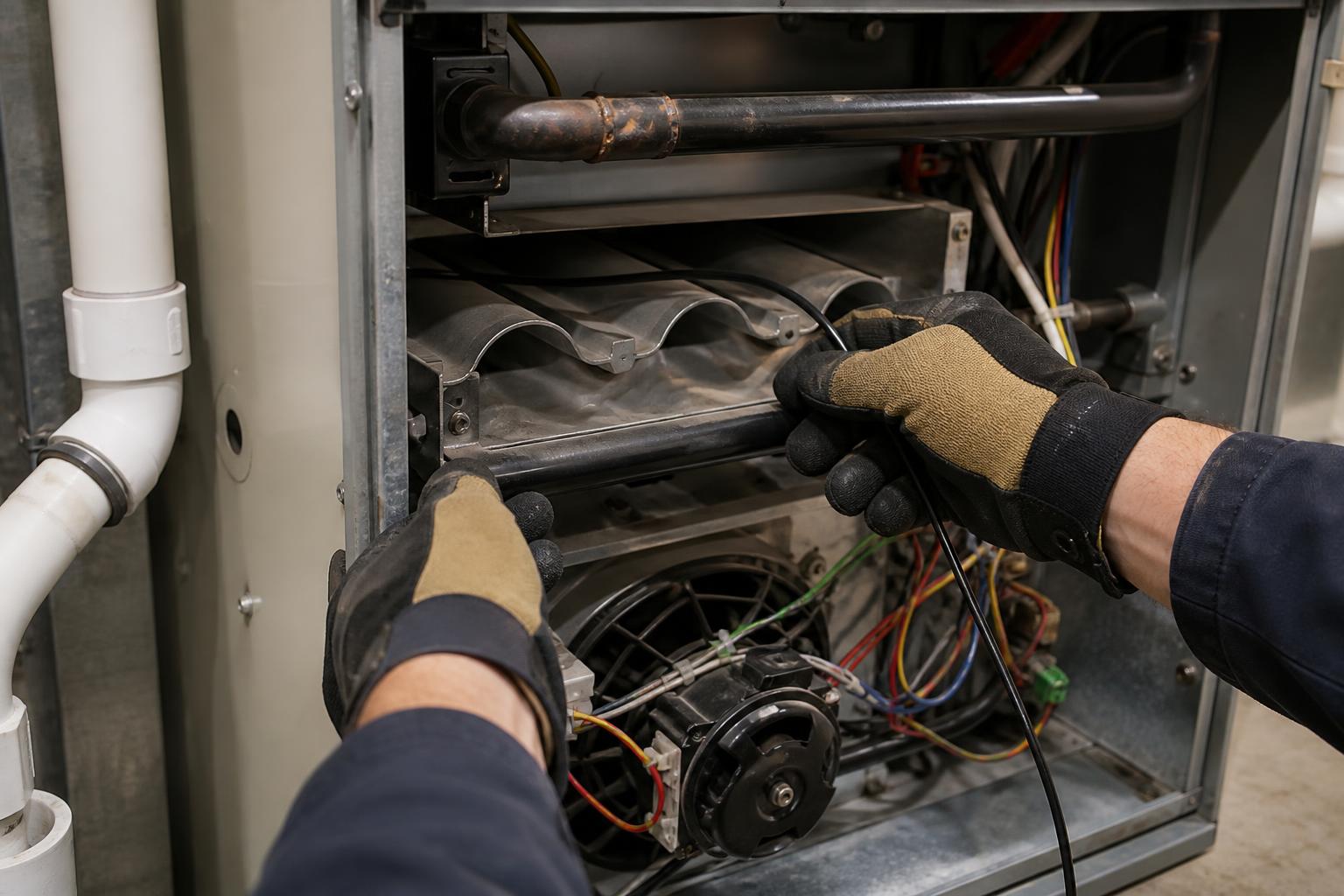 Gloved HVAC technician using a flexible borescope to inspect residential furnace heat-exchanger cells