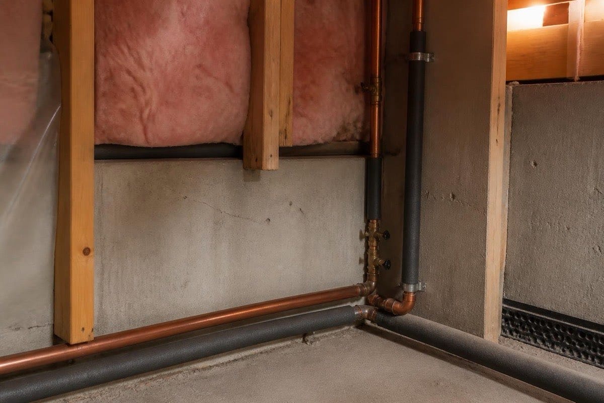Hand wrapping foam pipe insulation around exposed copper pipes in an unfinished basement