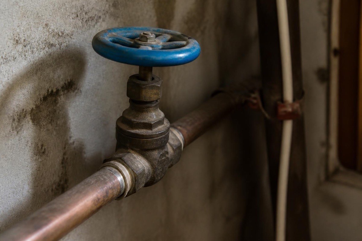 Older gate valve with a round wheel handle on a residential water supply pipe