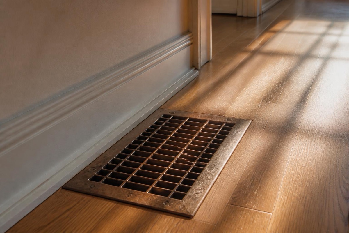 Close-up of a metal floor air vent grille in a hardwood hallway with soft afternoon light