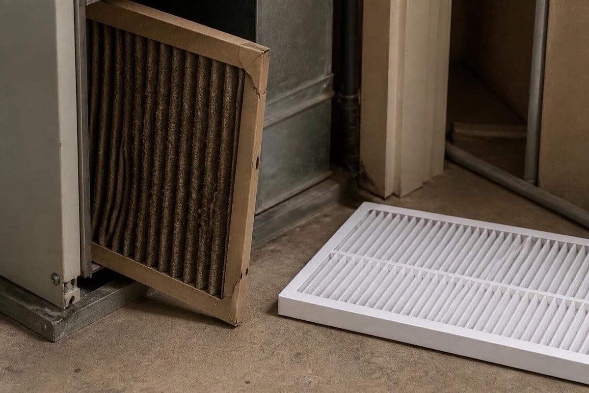 Dusty furnace air filter partially pulled from its slot beside a clean replacement filter