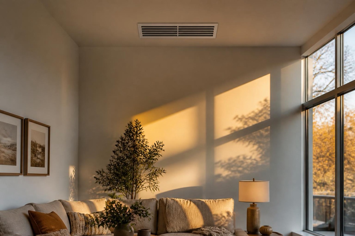 Ceiling air vent register in a tidy living room with warm autumn afternoon light coming through a window