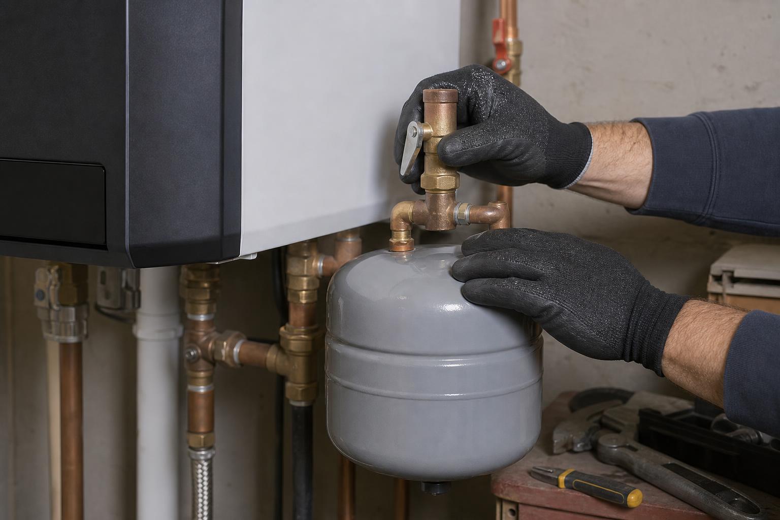 Gloved HVAC technician inspecting a residential boiler expansion tank connection and pressure-relief valve