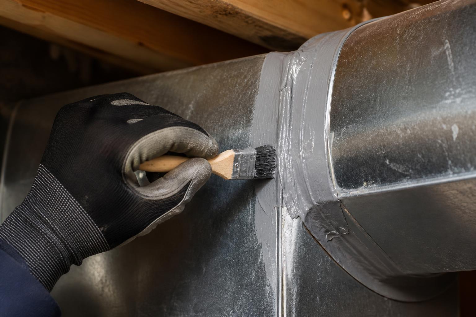 Gloved hand sealing a residential duct joint with gray mastic sealant and a small brush