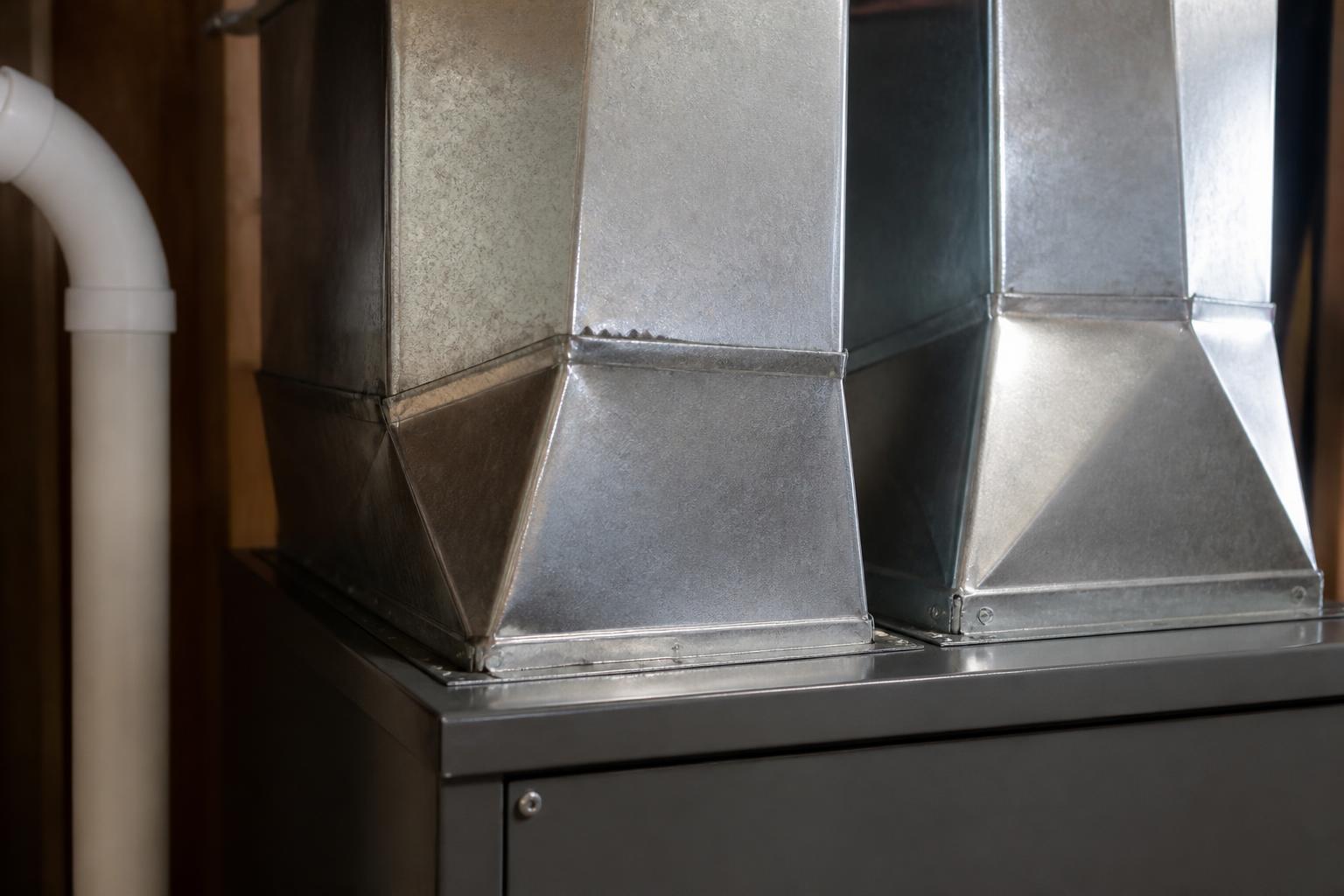 New sheet-metal ductwork transitions connected to the top of a residential furnace cabinet