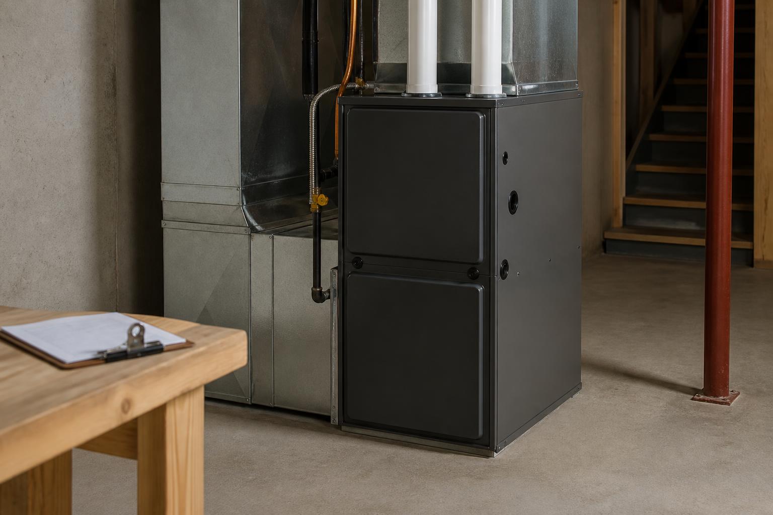Newly installed residential furnace connected to sheet-metal ductwork in a basement mechanical room