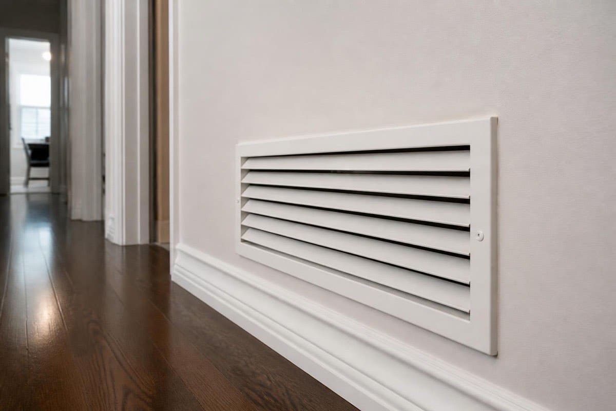 Supply air vent register on a hallway wall with partially closed louvers
