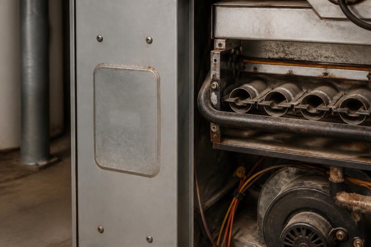 Close-up of an aging furnace's worn burner assembly inside an open service panel