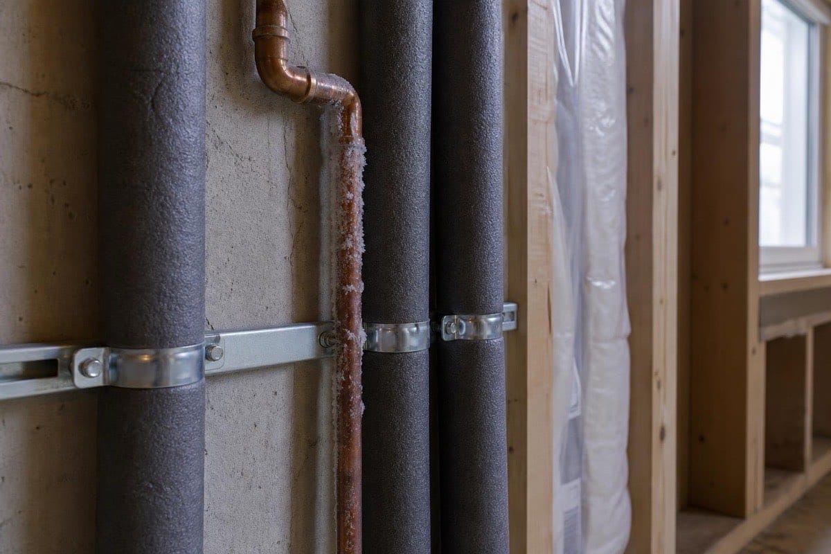 Copper water supply pipes in a Milton basement, most wrapped in foam insulation to prevent freezing