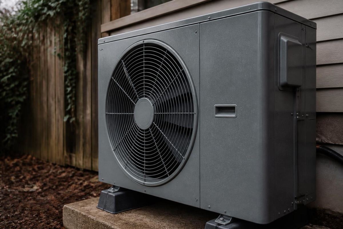Close-up angled view of a gray outdoor heat pump condenser unit with a round fan grille, positioned on a concrete pad near a wooden fence.