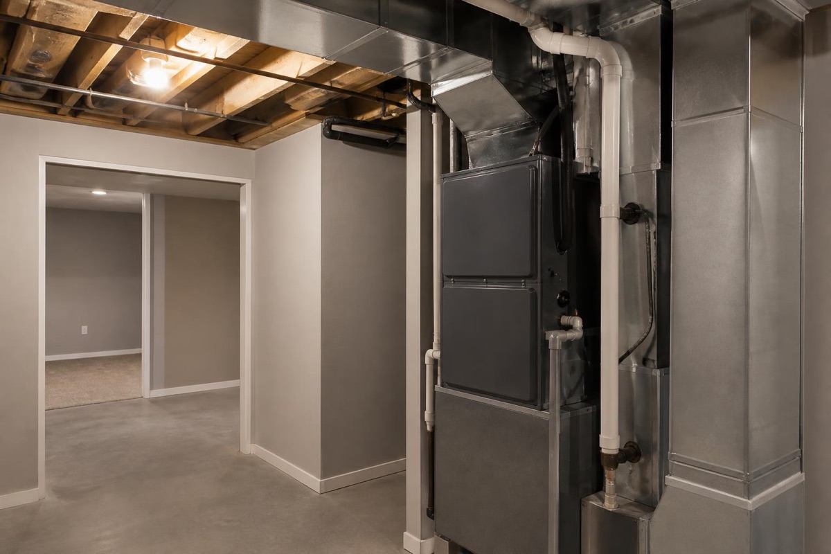 A home furnace and HVAC ductwork installed in a clean basement utility area with a hallway leading to a finished room.