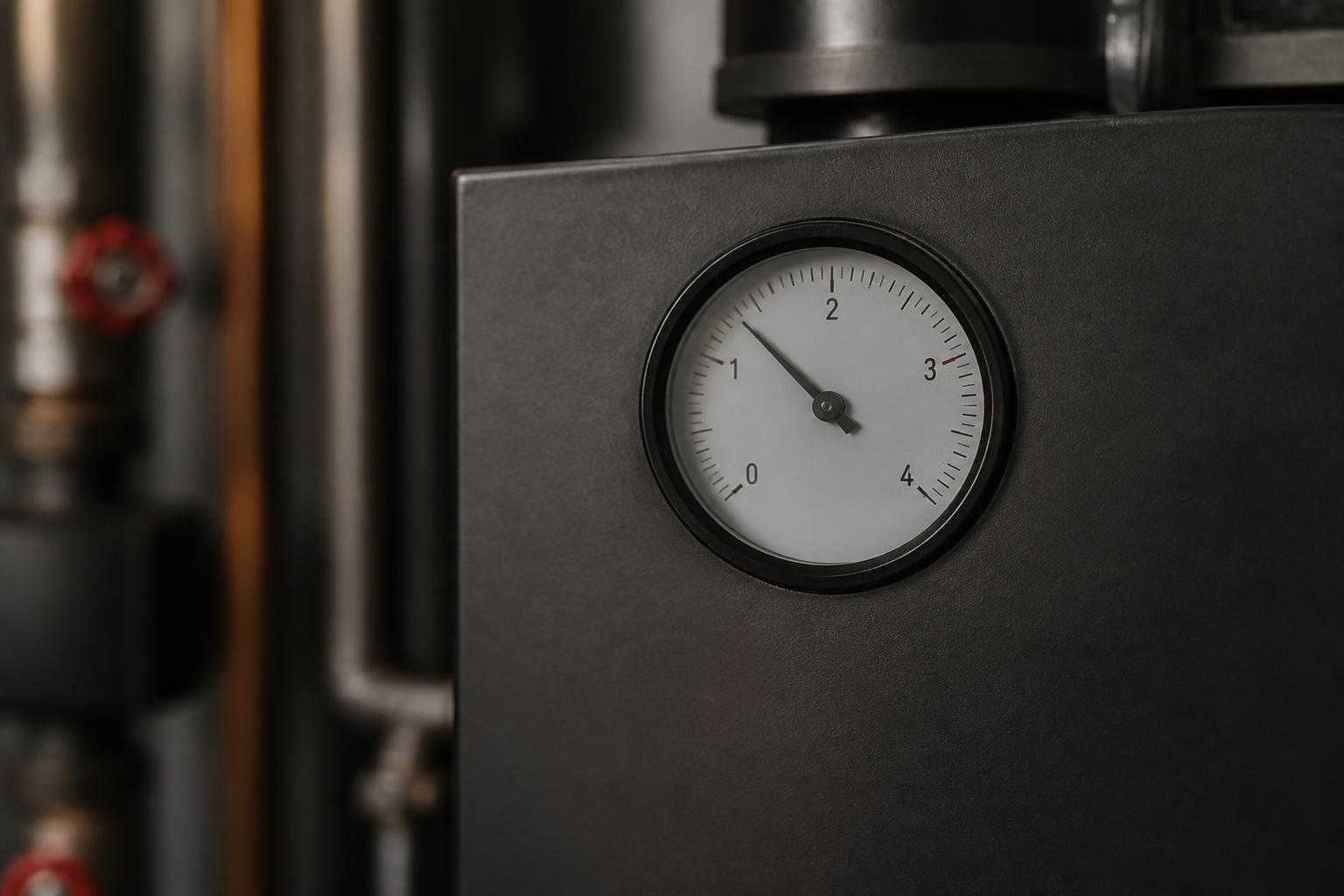 Close-up of a boiler's analog pressure gauge showing the needle in the normal operating range