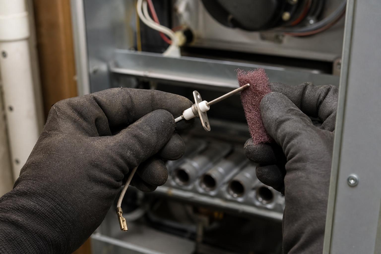 Gloved HVAC technician gently cleaning a removed residential furnace flame-sensor rod with a fine abrasive pad