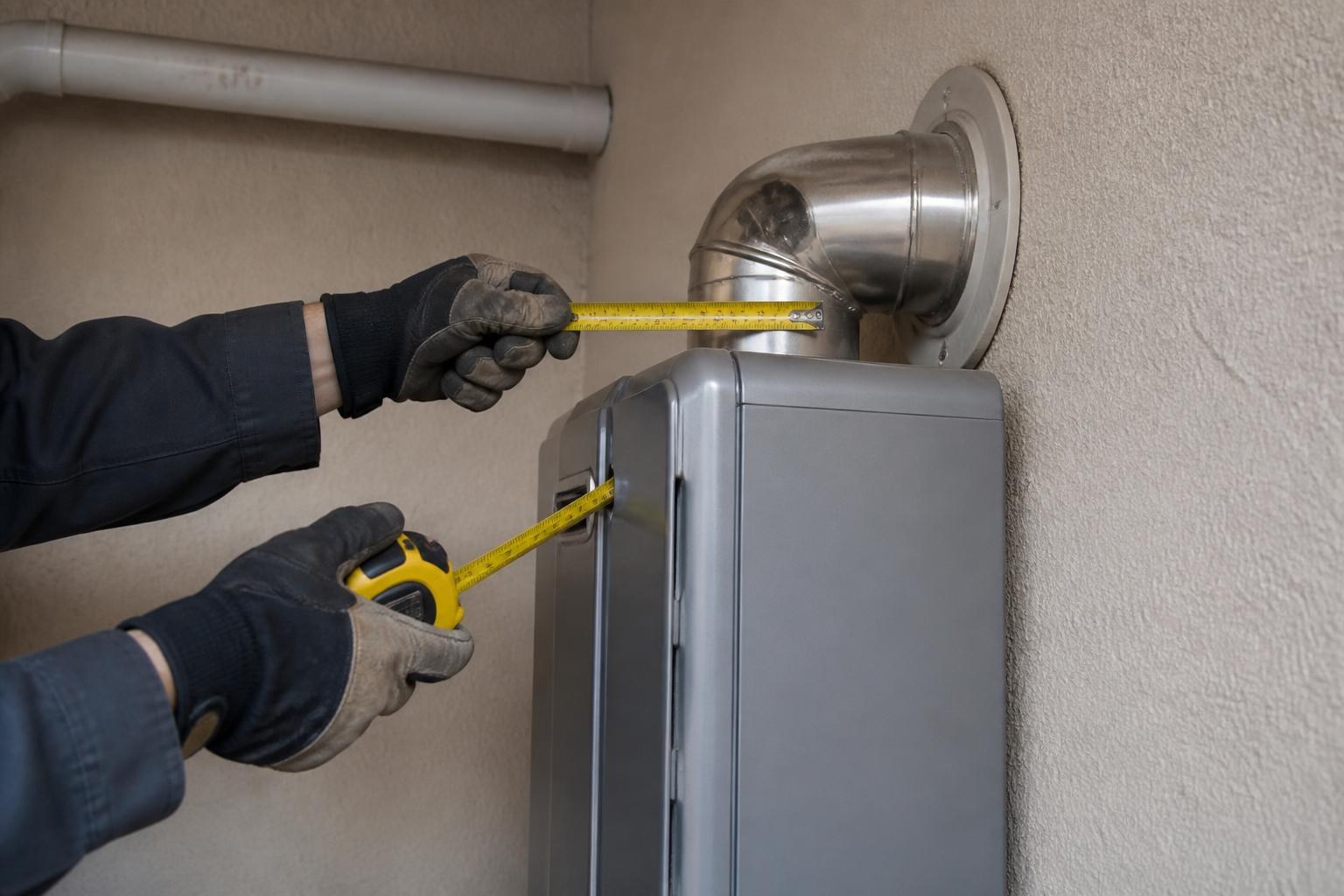 Technician measuring vent pipe clearance with a tape measure during a tankless water heater installation