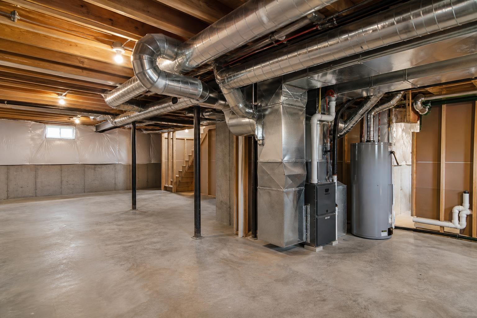 Exposed ductwork, furnace, and water heater in an unfinished basement mechanical area