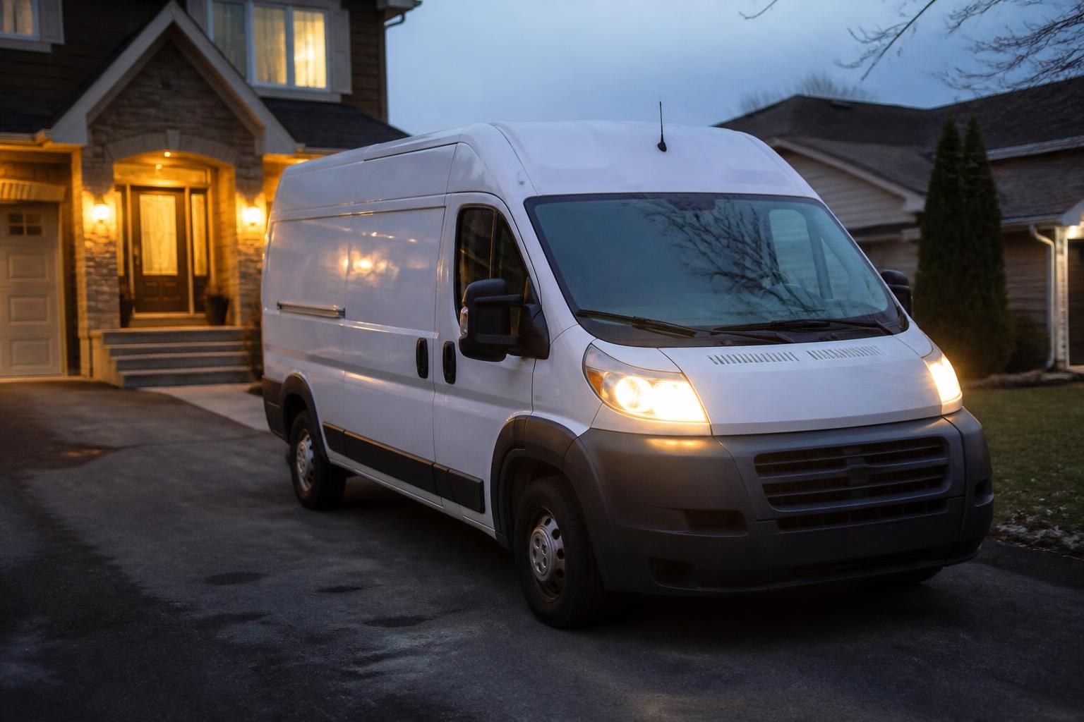 Service van arriving at a home in the evening for an emergency furnace repair call