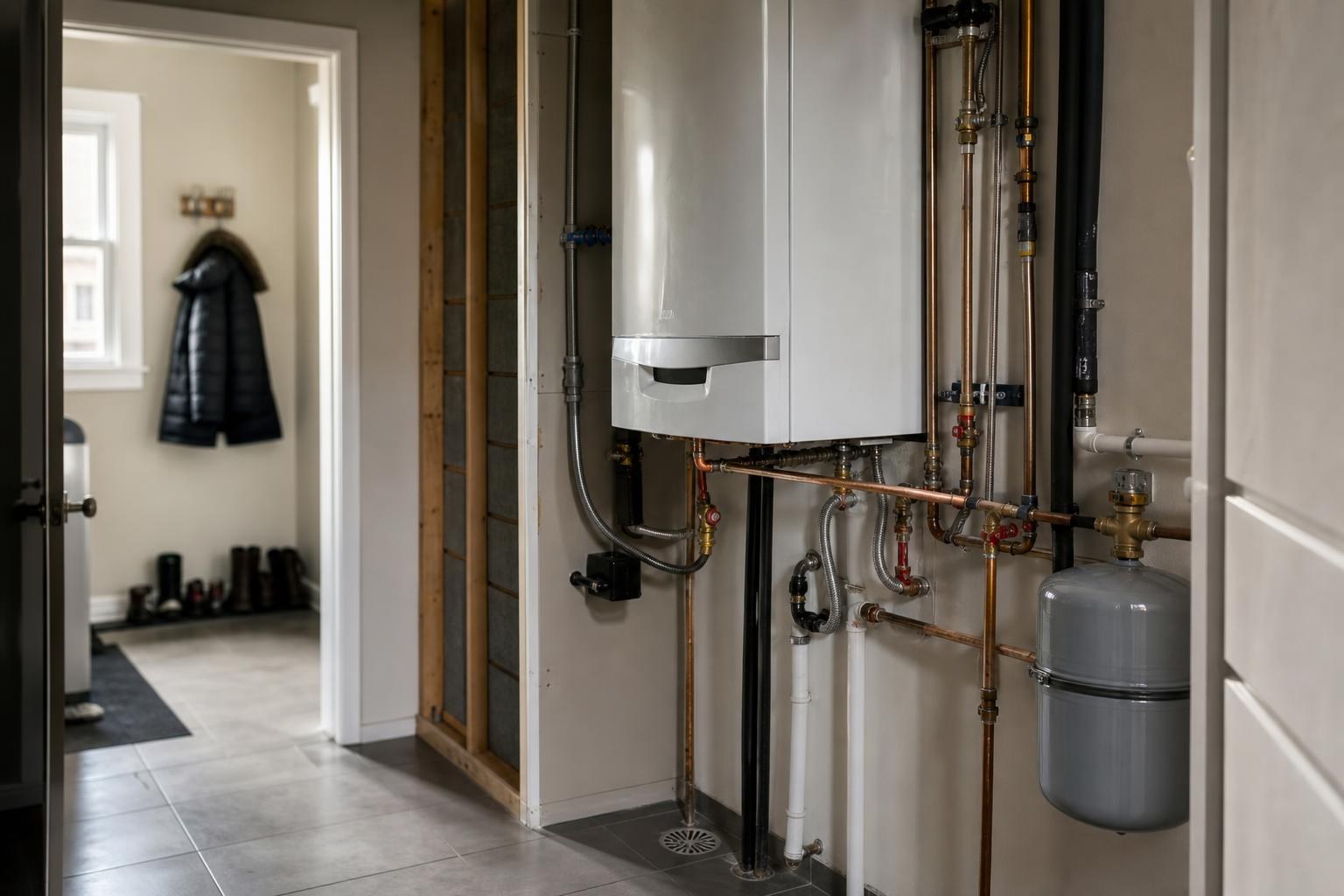 Wall-mounted boiler installed in a home utility closet with copper piping and an expansion tank