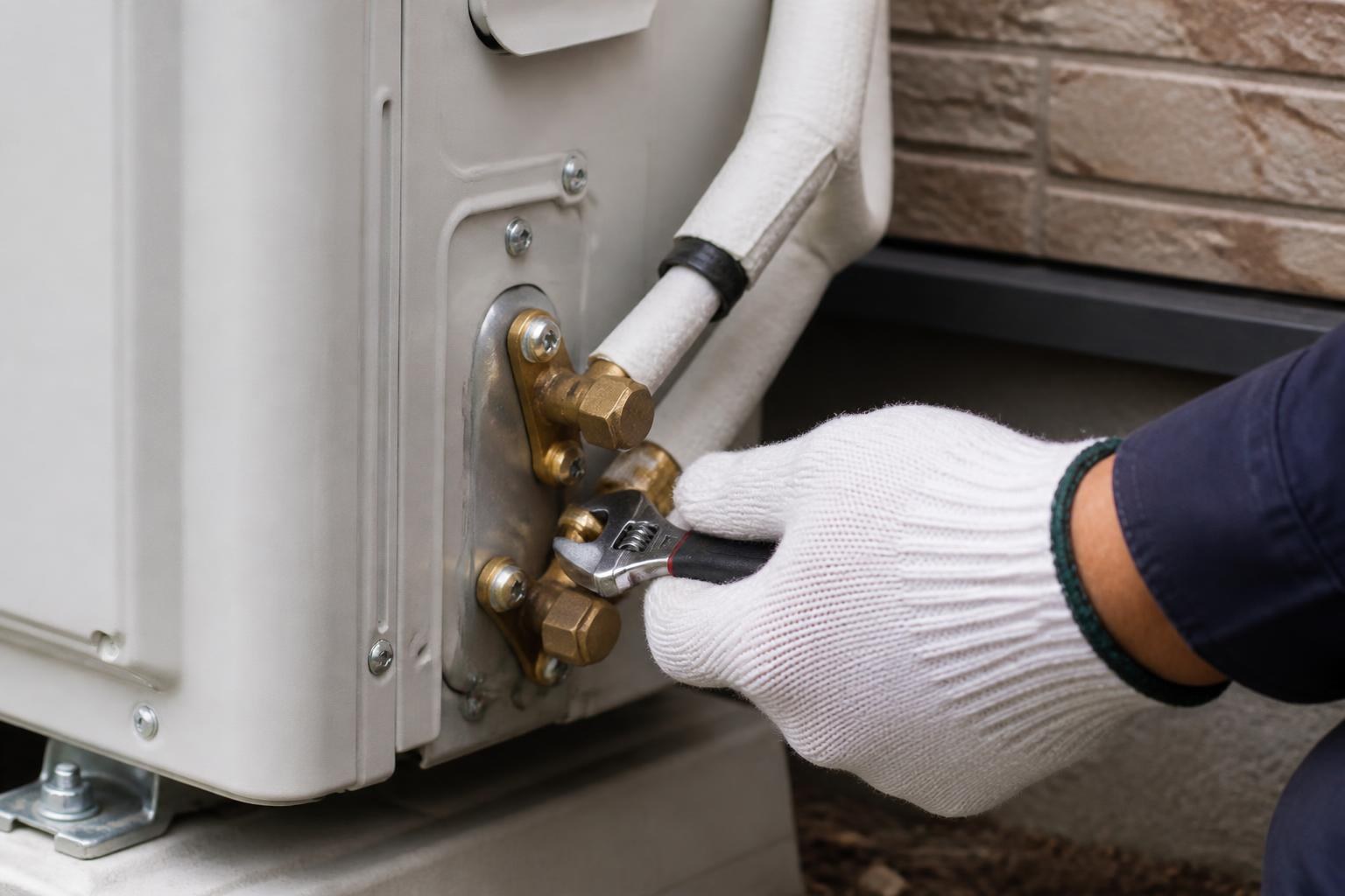 Technician tightening a fitting on an outdoor air conditioning condenser's refrigerant lines