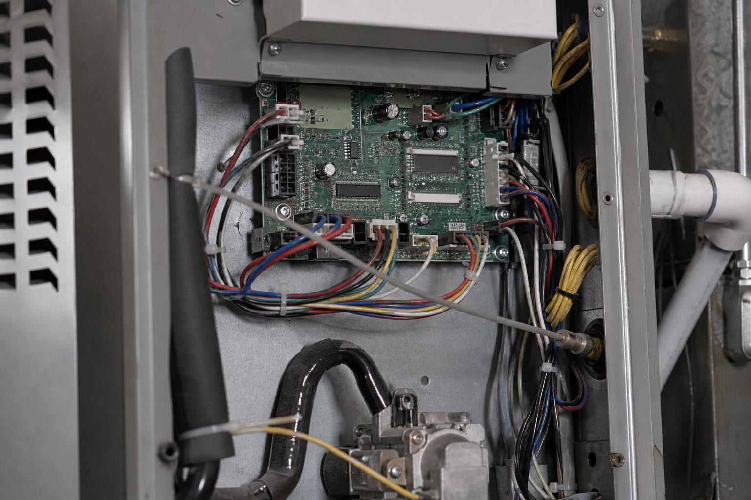 Close-up of a furnace's internal control board and wiring during installation