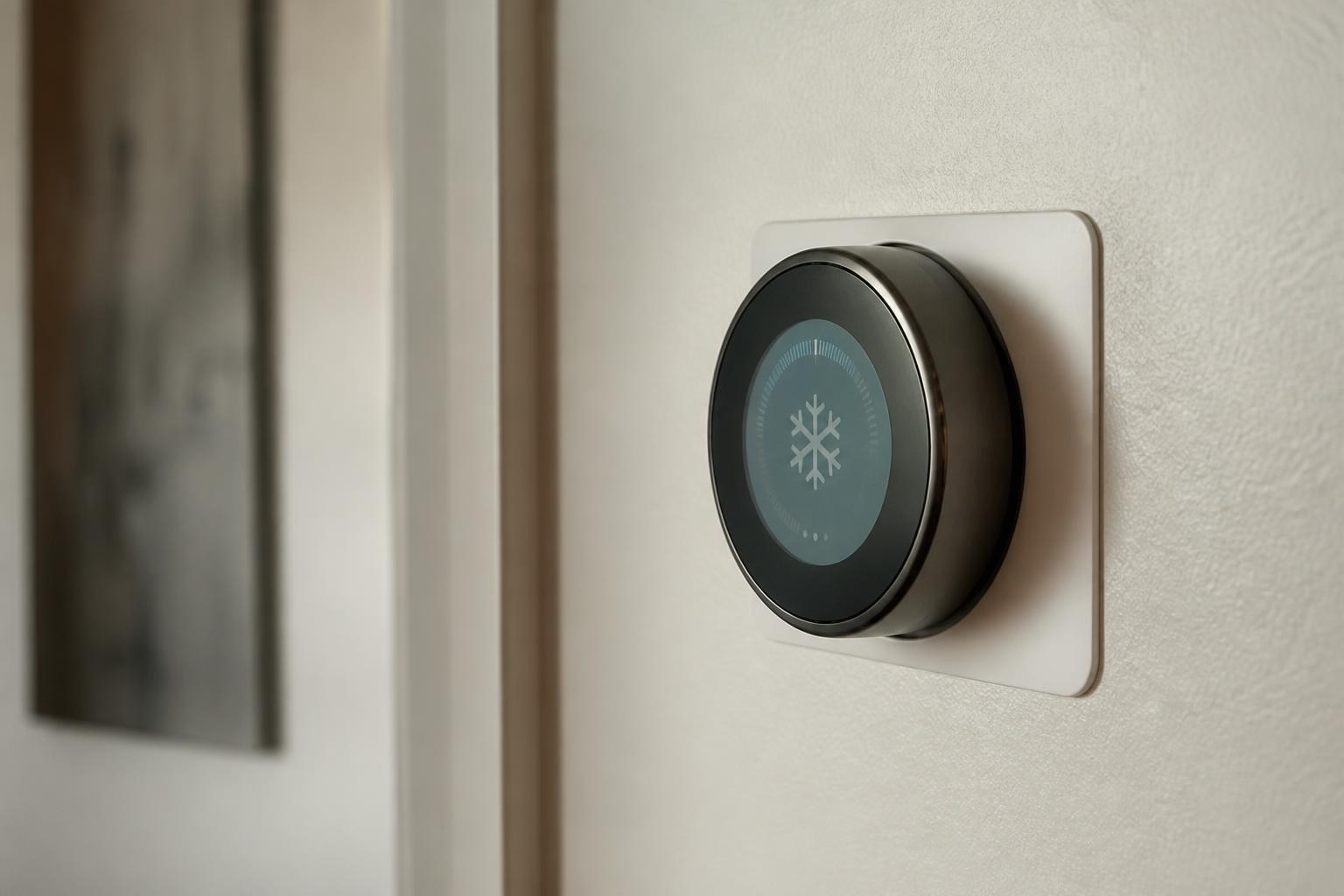 Smart thermostat mounted on an interior wall displaying a cooling mode setting